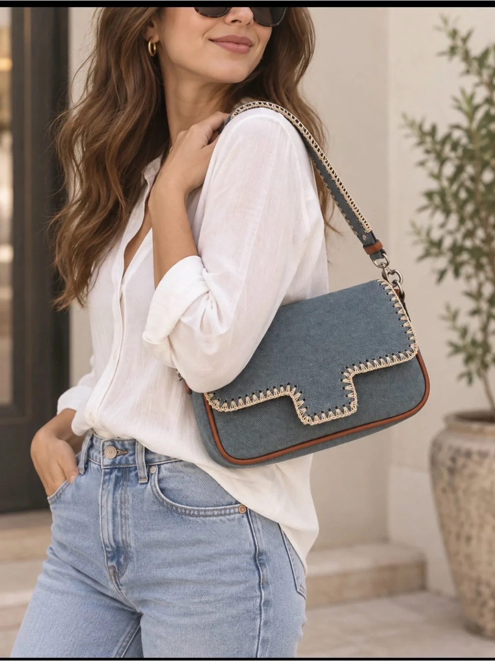 Dolce Vita Denim Blue & Cognac Whipstitch Shoulder Bag